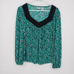 Worthington Stretch Green Abstract Print Blouse Women's Small V-Neck Long Sleeve